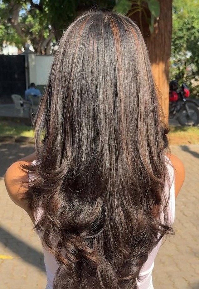 Long layered haircut with balayage colour by Happy Hair